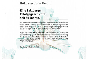 Urkunde "HALE electronic: Eine Salzburger Erfolgsgeschichte seit 50 Jahren."